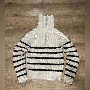 Suzy Shier Black and Cream Striped Cowl Neck Sweater